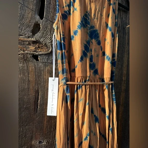 NWT Young Fabulous & Broke Blue Frida Dress in Tan & Blue w Slit & Belt